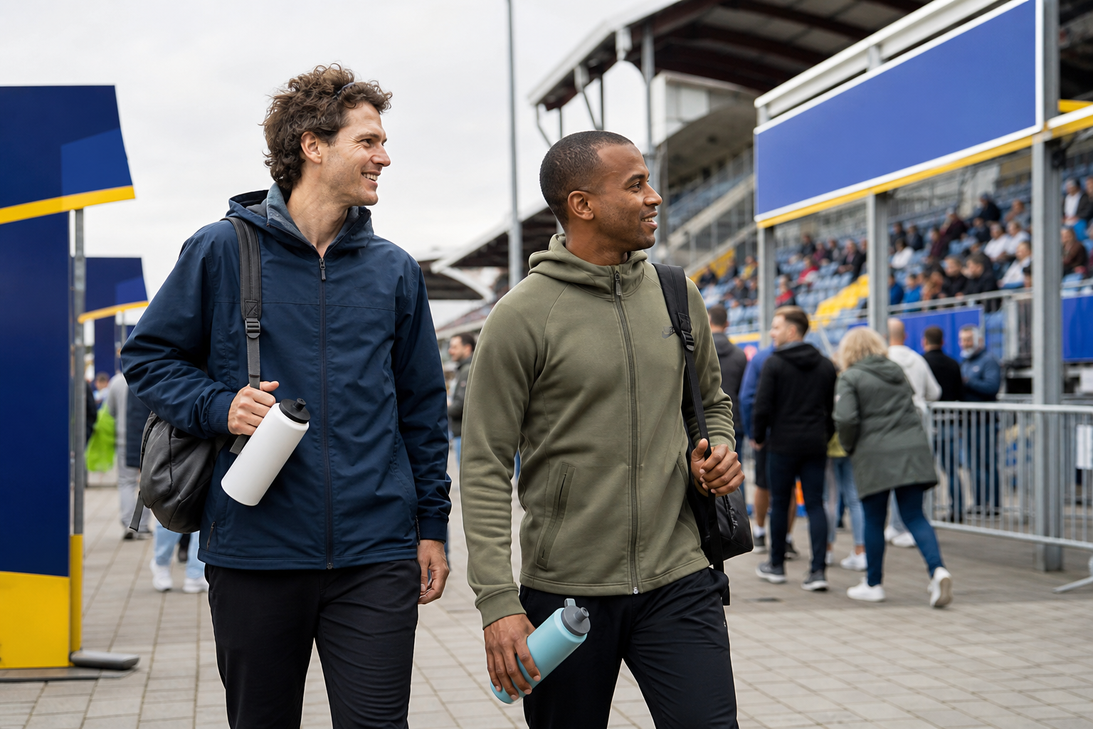 Twee vrienden lopen met drinkflessen naar de tribunes van een sportevenement