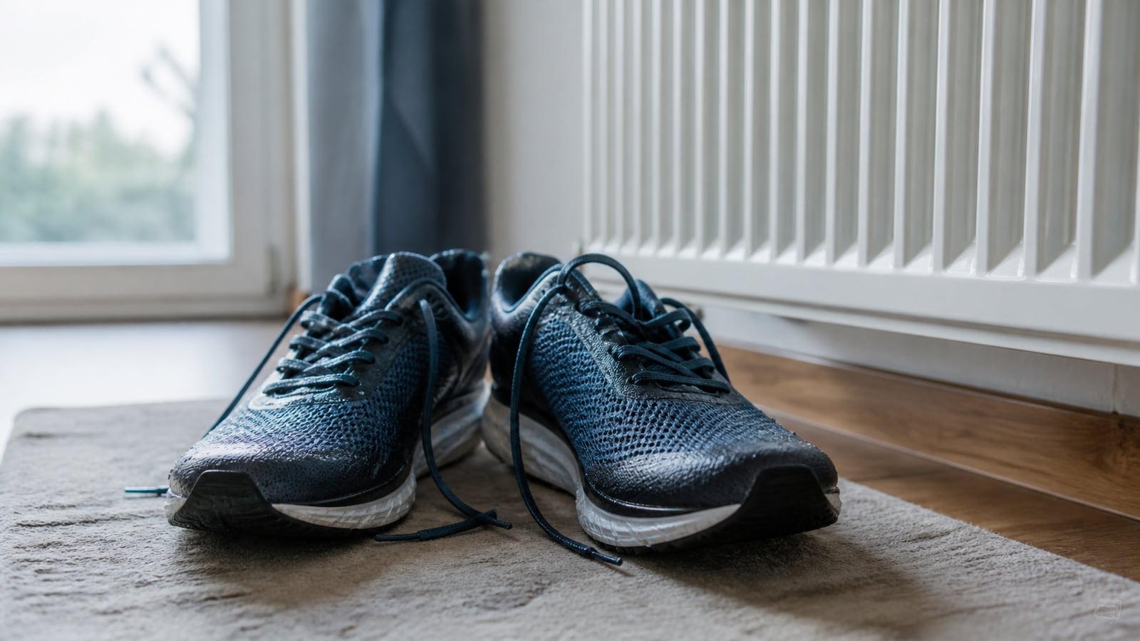 Natte hardloopschoenen drogen naast een radiator