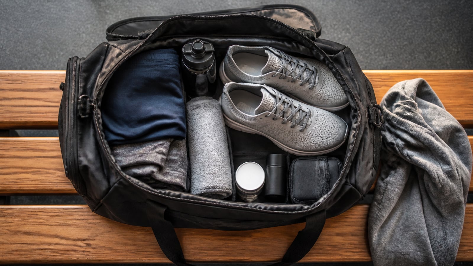 Open sporttas met hardloopschoenen, kleding, handdoek en drinkfles